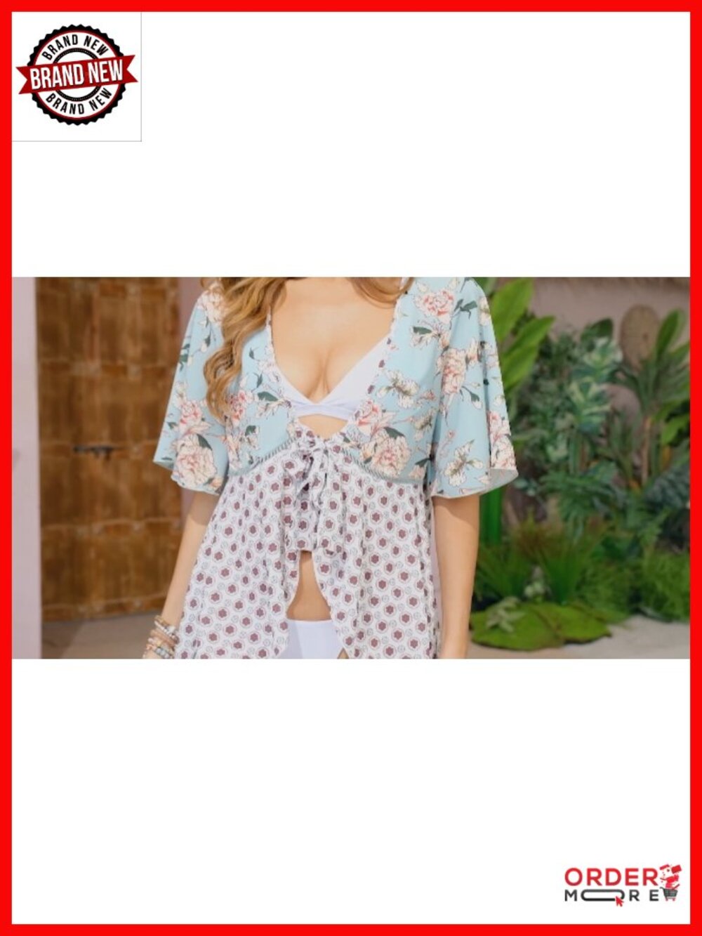 Tie Front Kimono Cardigan Floral Lightweight Ruffle 3/4 Sleeve Boho Beach Cover - Picture 6 of 6